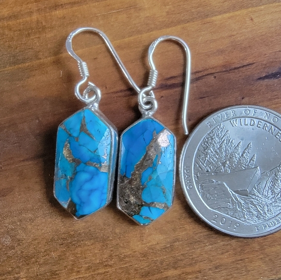 Sterling Silver Coper Turquoise  Dangle Earrings 925 Jewelry Womens Boho Style - Picture 4 of 4